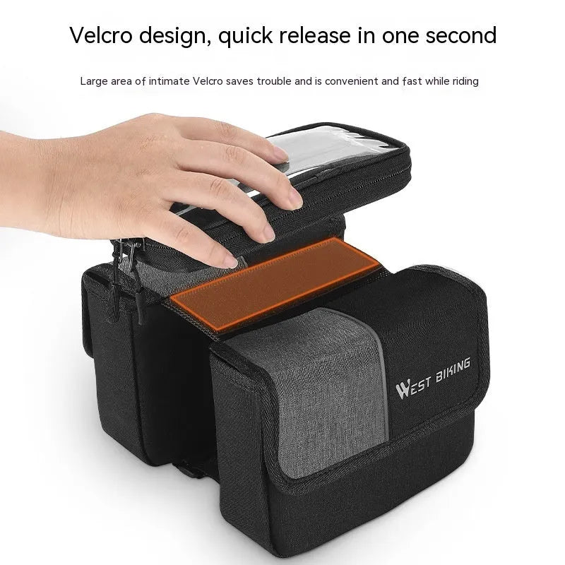 Black and grey Oxford cloth saddle bag with bilateral tube access and touch-screen compatibility