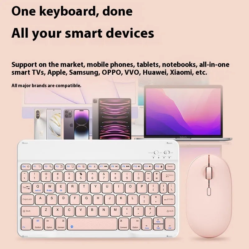 Bluetooth keyboard and rechargeable mouse set for tablet in elegant white on a desk