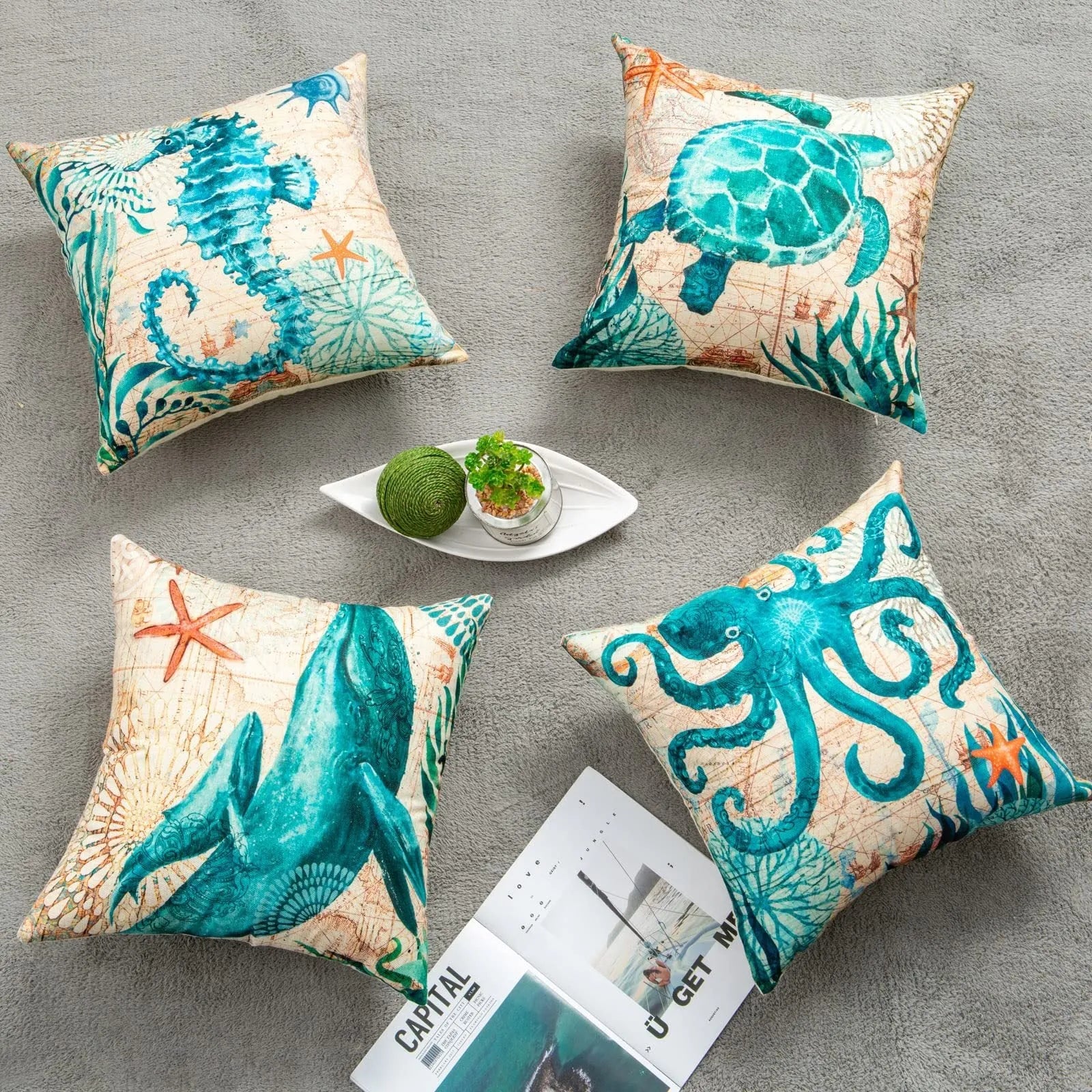 Sea turtle printed linen cushion cover 45x45cm with invisible zipper for sofa or chair