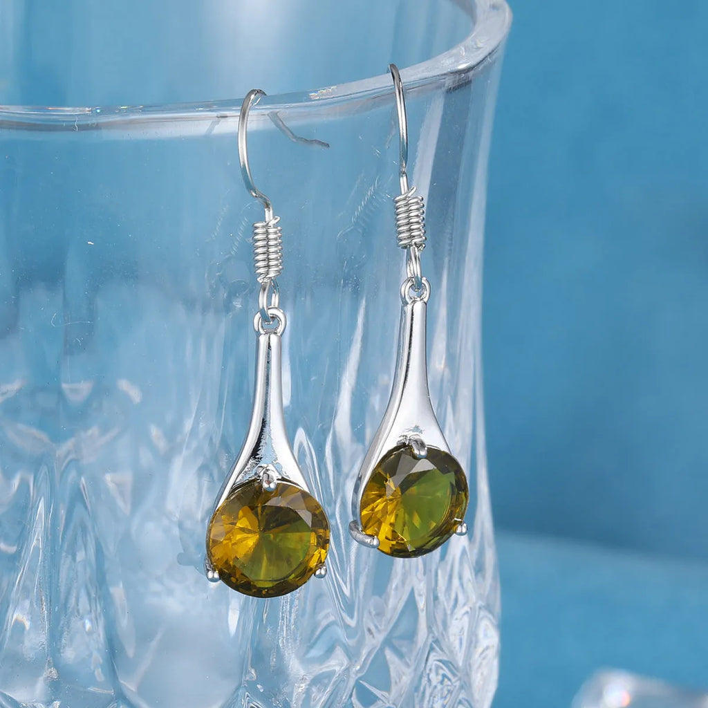 Olive green drop-shaped earrings with retro minimalist design and electroplated alloy construction