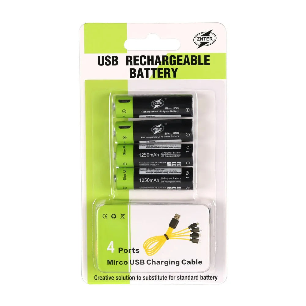 Four green USB rechargeable lithium AA batteries with a black charging cable on a white background