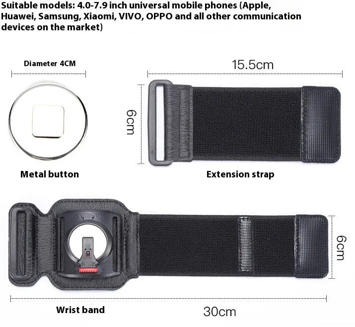 Sports mobile phone arm bag in black with phone inserted showing adjustable strap and waterproof construction