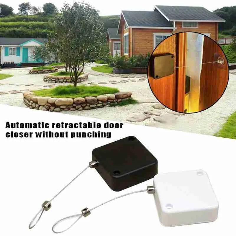 Automatic door closer with adhesive backing and transparent hook for punch-free installation on a door.