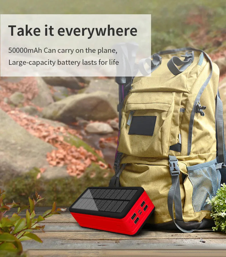 Solar wireless power bank in black with colour accents showing charging ports and solar panel