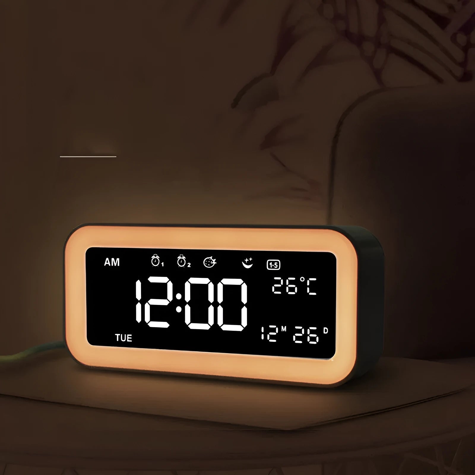 Rectangular blue LED atmosphere alarm clock with digital display on a wooden surface.