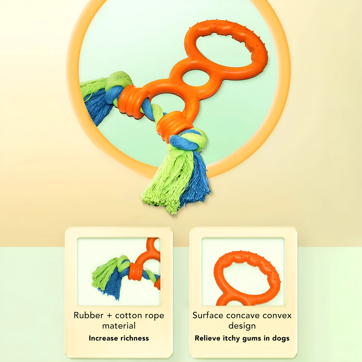 Dog rubber ring rope toy in orange colour with cotton rope handle on a white background