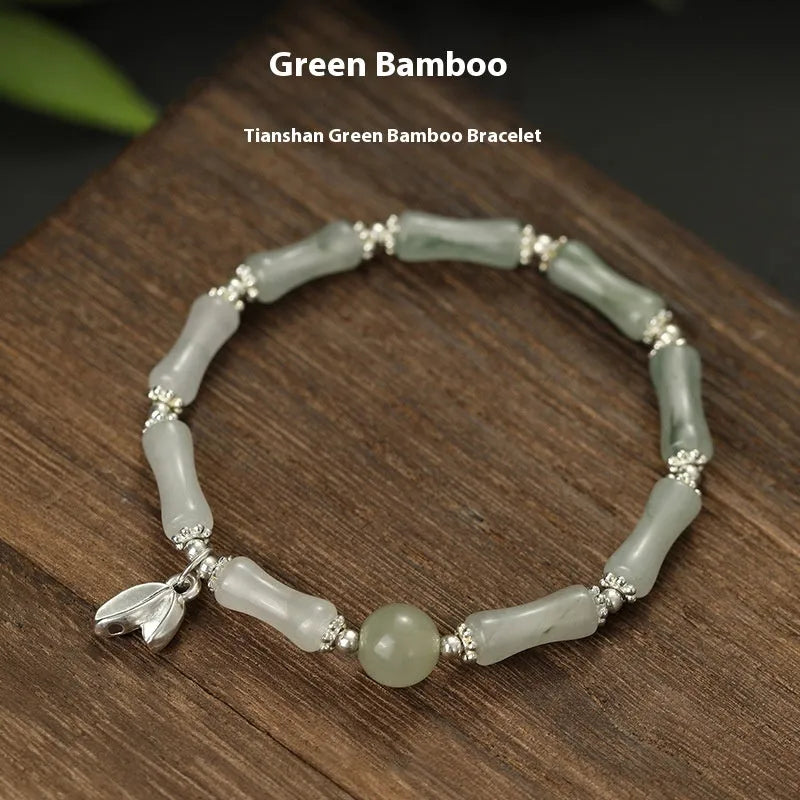 Natural Tianshan green bamboo sterling silver bracelet for women with antique style.