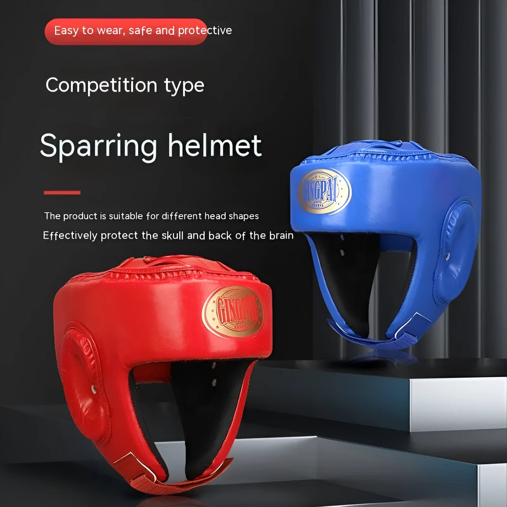 Fully enclosed boxing helmet with jaw protection in red colour, showing vertical ventilation channels