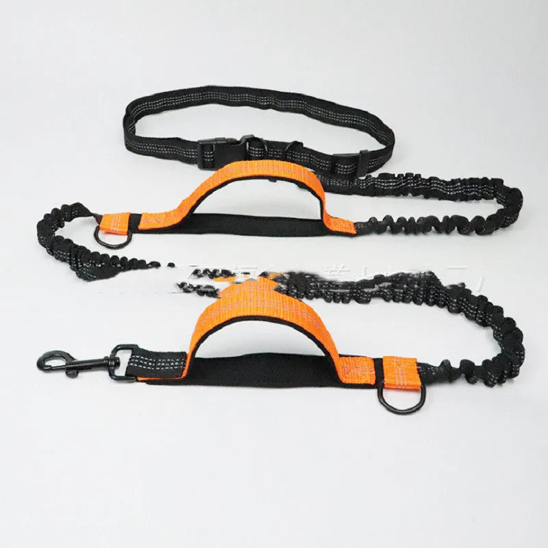 Blue adjustable dog running belt with waist attachment and retractable leash on a grey background.