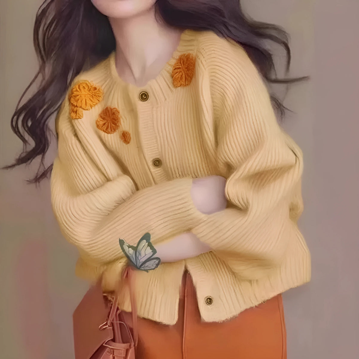 Women's simple embroidered flower age-reducing sweater cardigan in solid colour thick polyester fibre loose fit