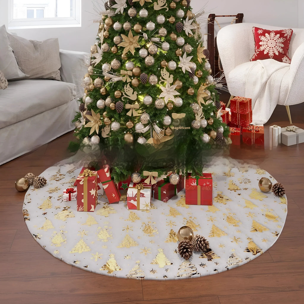 Gilding snowflake Christmas tree plush floor mat in festive red and white design.