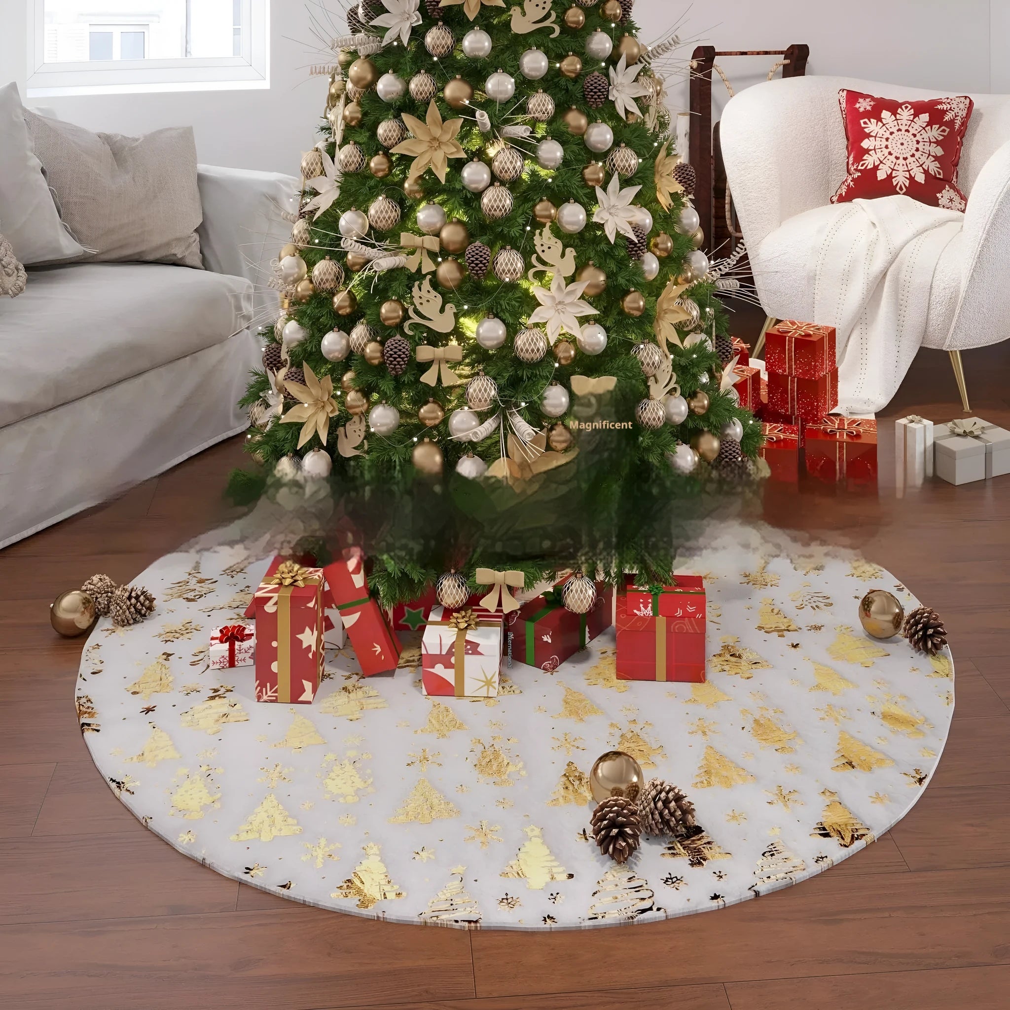 Gilding snowflake Christmas tree plush floor mat in festive red and white design.