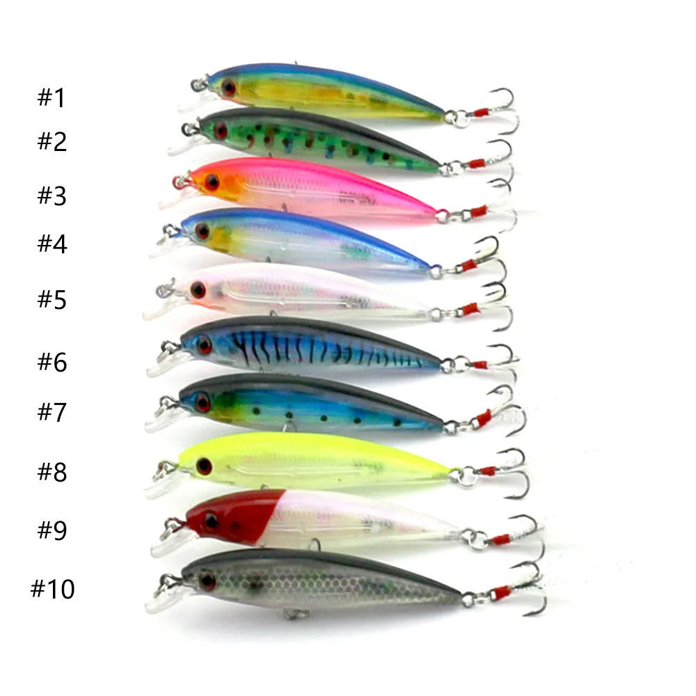 43-piece portable fishing gear set with plastic bait lures in green, blue black, and silver colours including 20cm baits