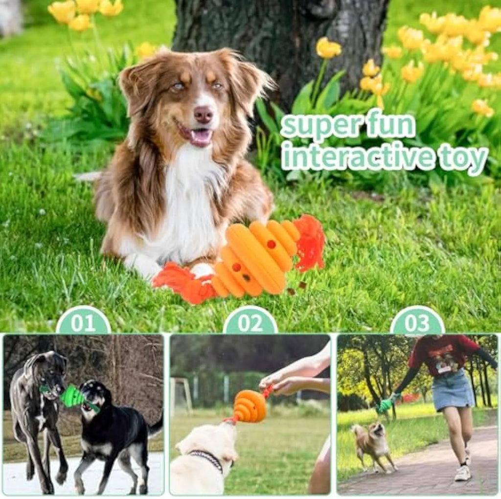Green and yellow dog ball with rope attachment for large breed interactive play and treat dispensing