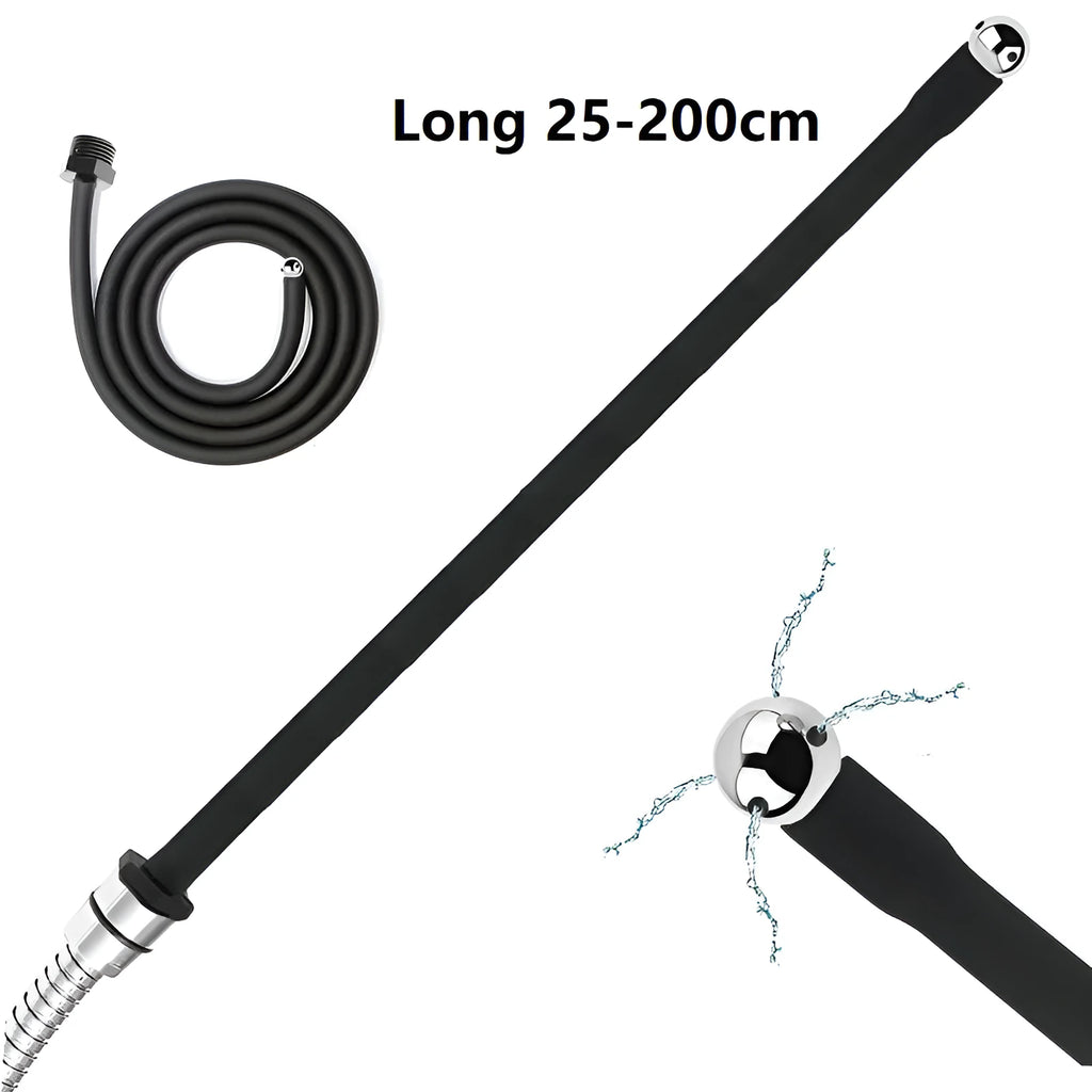 Silver and black silicone metal enema kit with round head, 25cm length, on white background