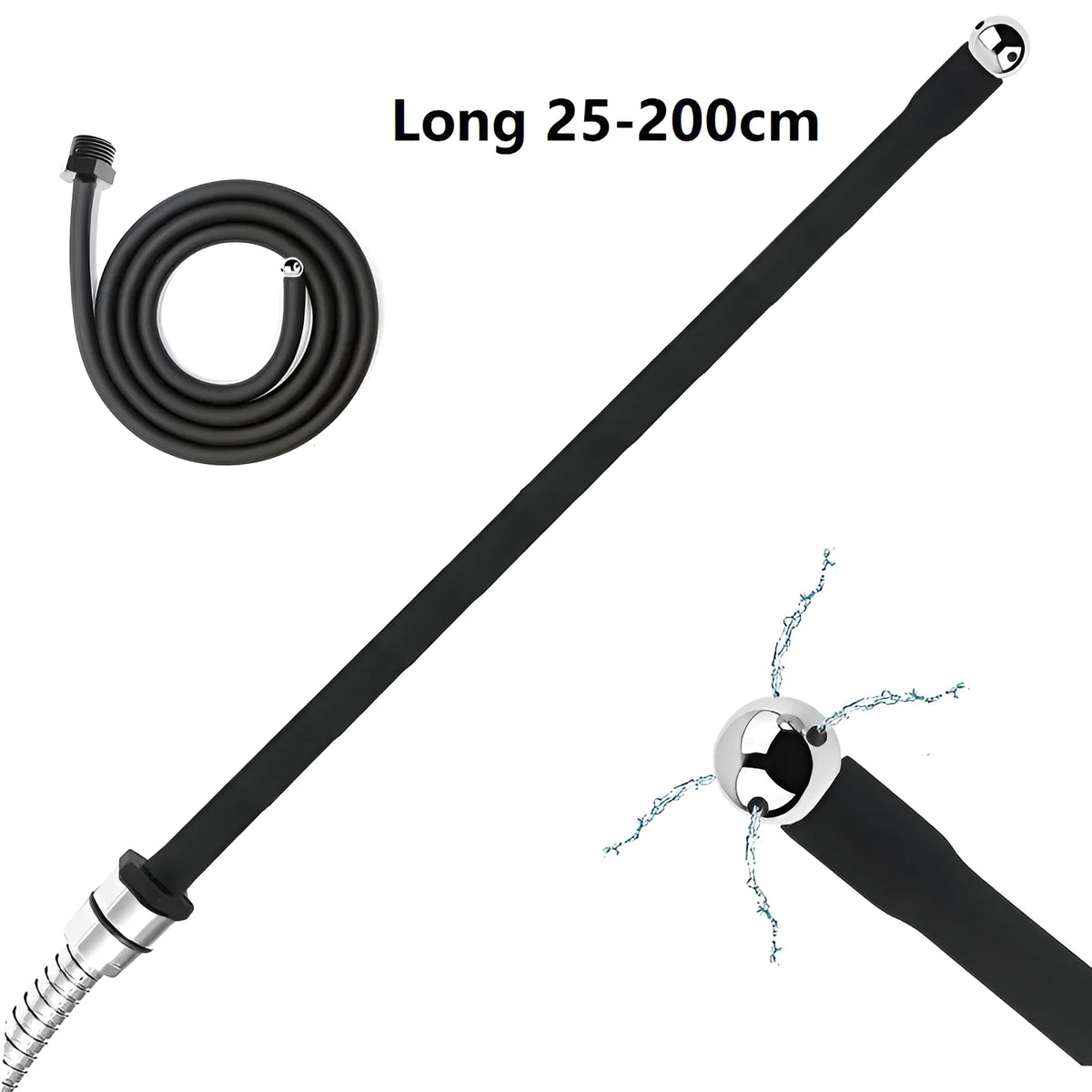 Silver and black silicone metal enema kit with round head, 25cm length, on white background