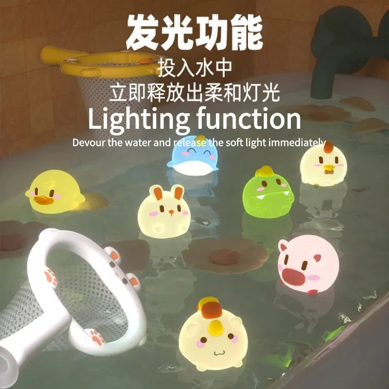 Soft glue cartoon animal glow balls for children's bathroom play including chicken, dinosaur, and whale designs