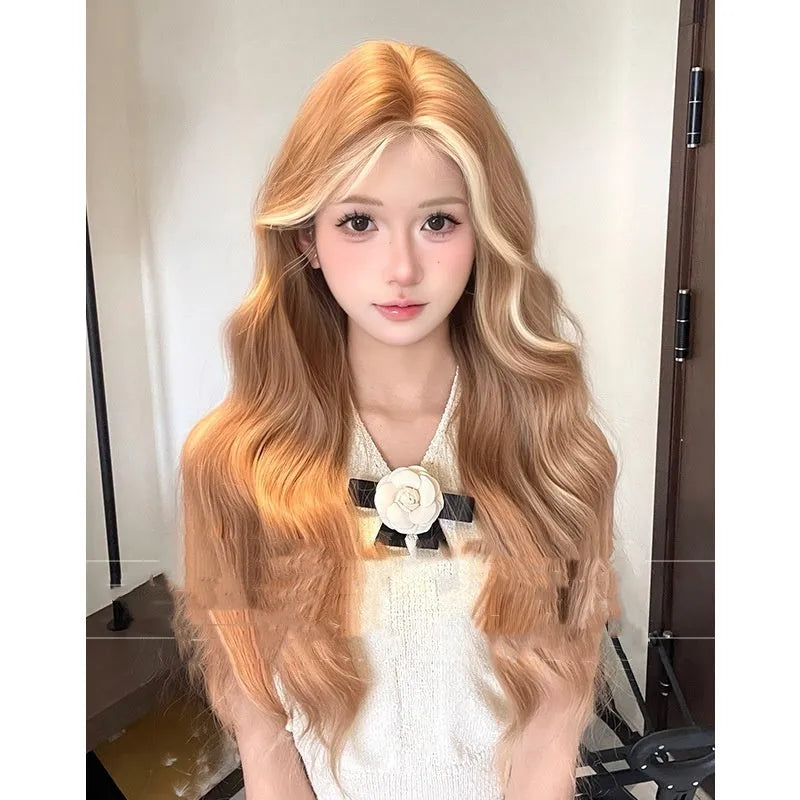 Ladies lace front long curly wig in American highlight gold colour