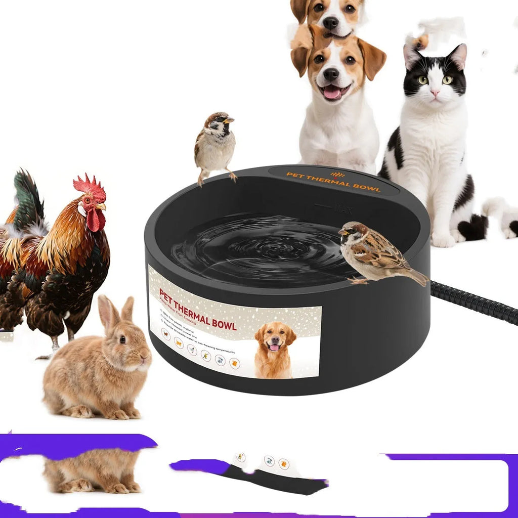 Black ABS plastic pet heating bowl with 2.2L capacity and electric warming base.