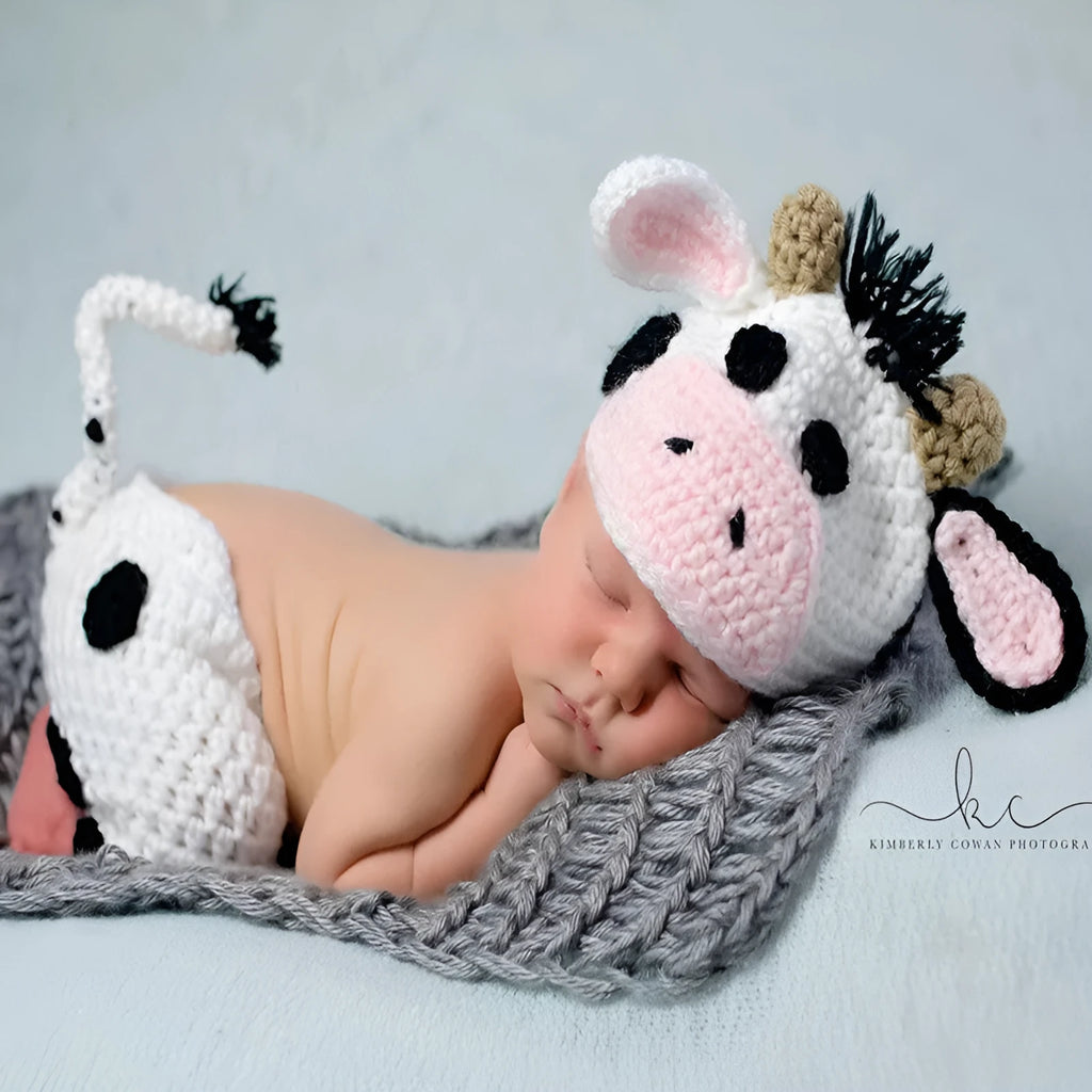 White hand-knitted baby cow suit set with matching hat and trousers for newborns.