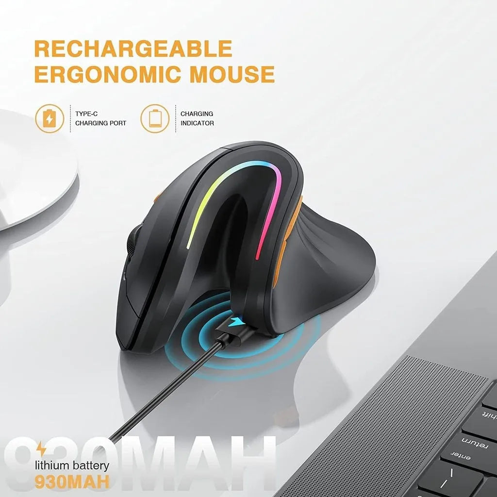 Black seenDa rechargeable vertical Bluetooth wireless mouse with RGB lighting on a desk.