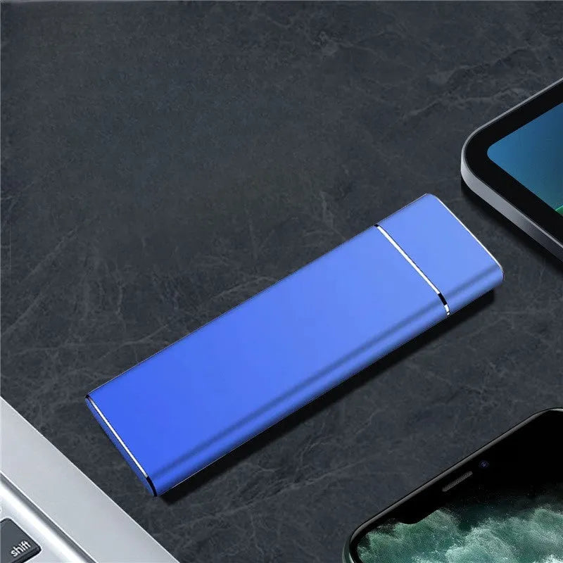 Sapphire blue portable external solid state hard drive with metal shell for phones and computers