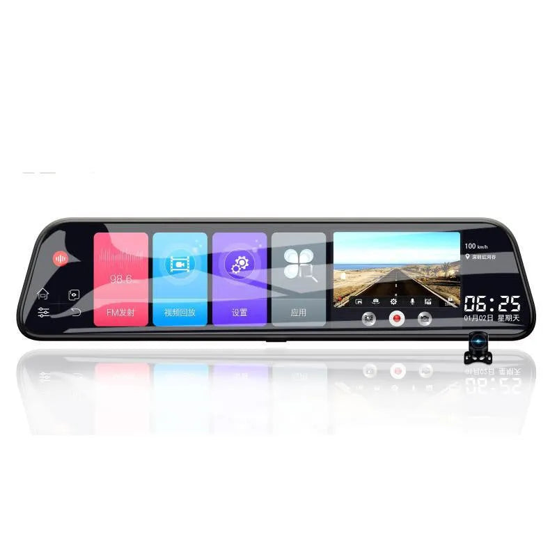 12-inch rearview mirror tachograph with touch screen display showing GPS navigation map