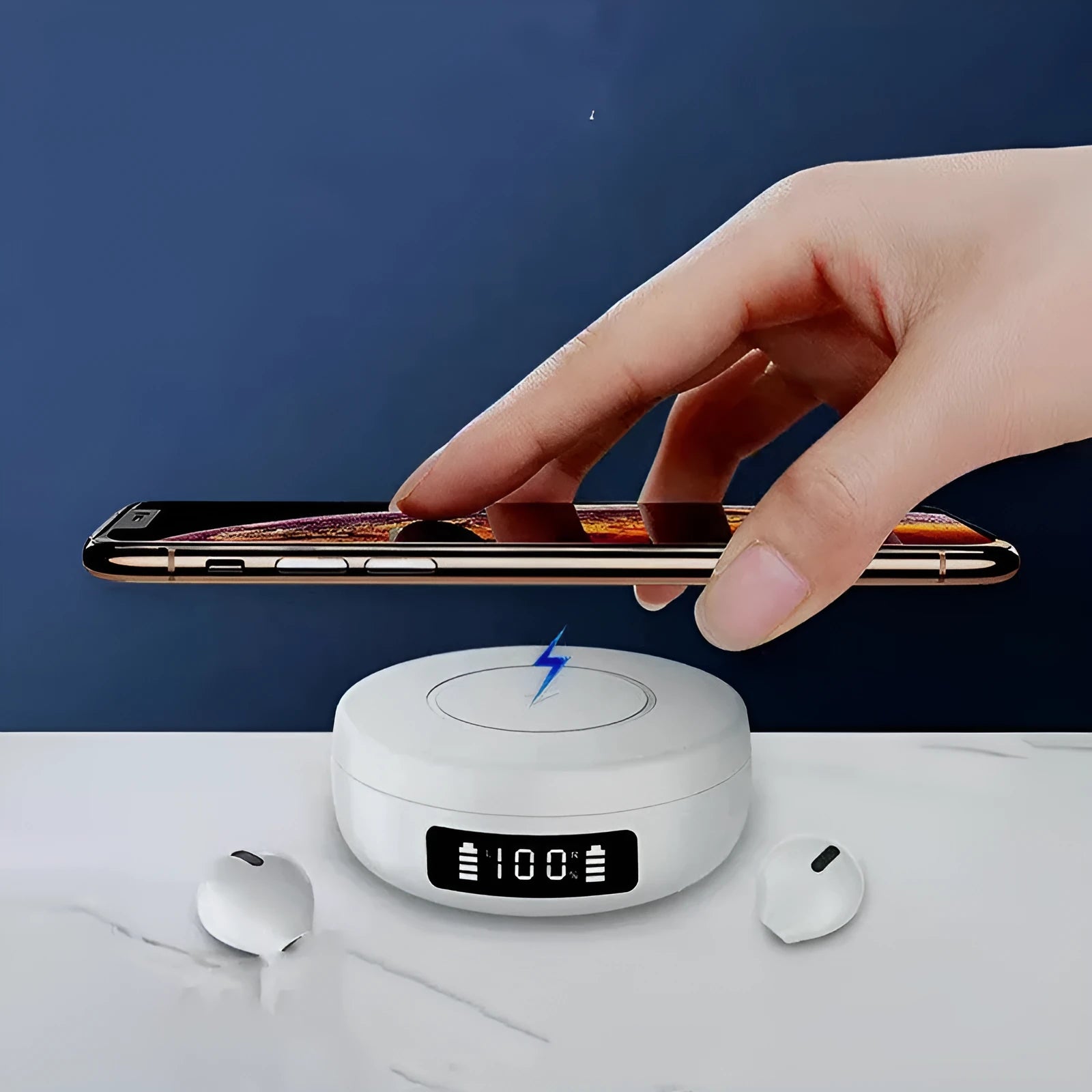 Mini semi-in-ear wireless headphones with a charging case in black, white, and coloured variants.