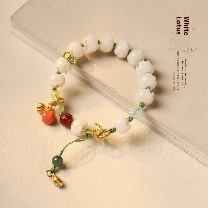 White jade Bodhi bracelet with lotus beads, pumpkin beads, and adjustable open rope design