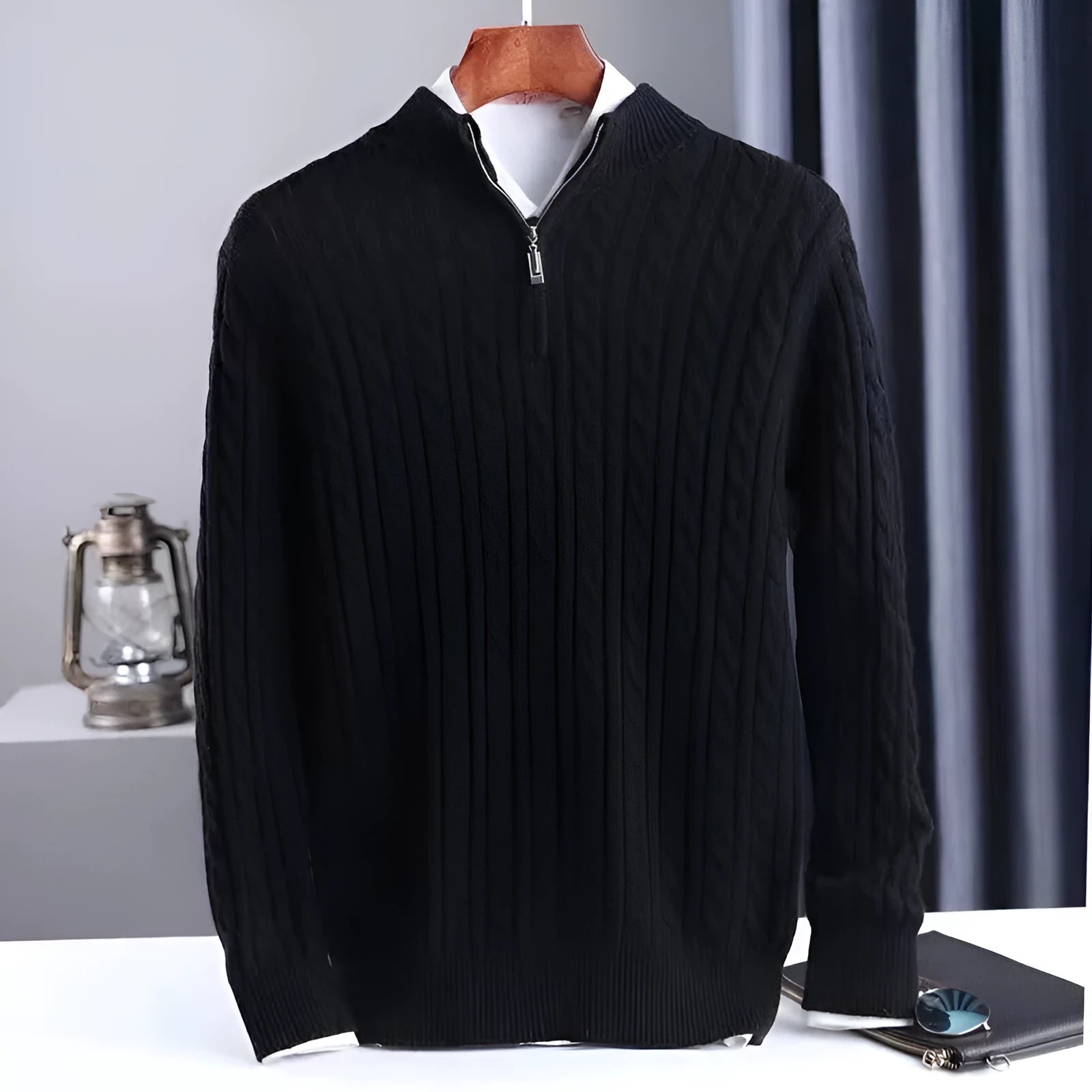 Men's thick twist zipper half open high collar sweater in gray