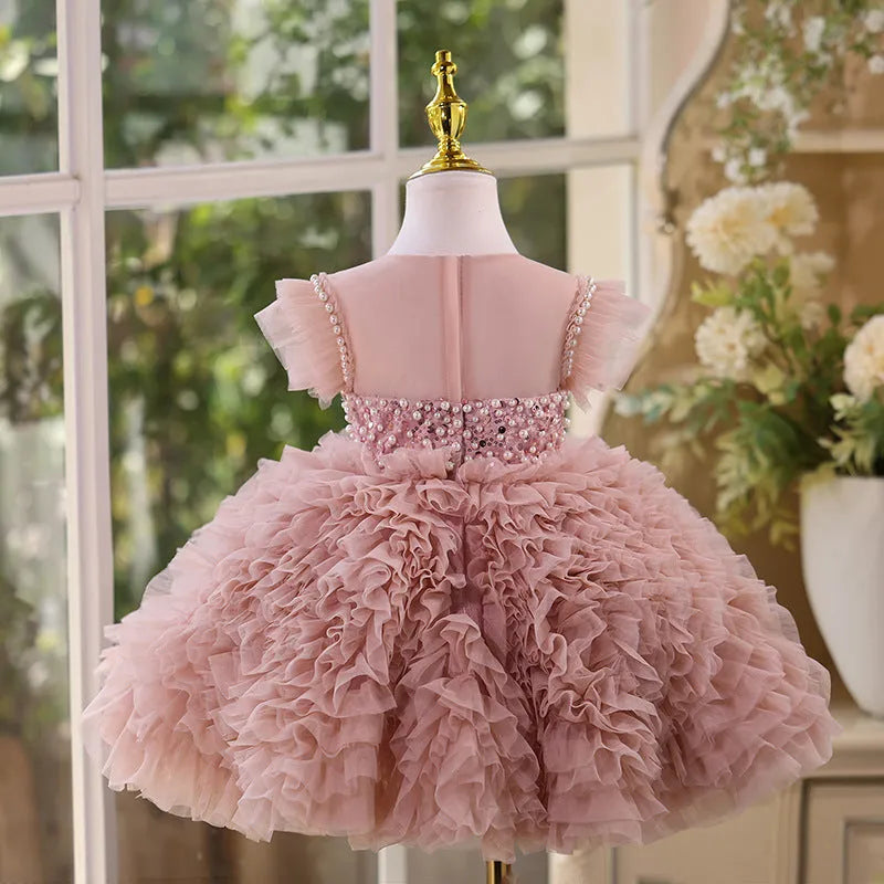 Children's princess pettiskirt in bean pink with tiered tulle layers polyester fabric