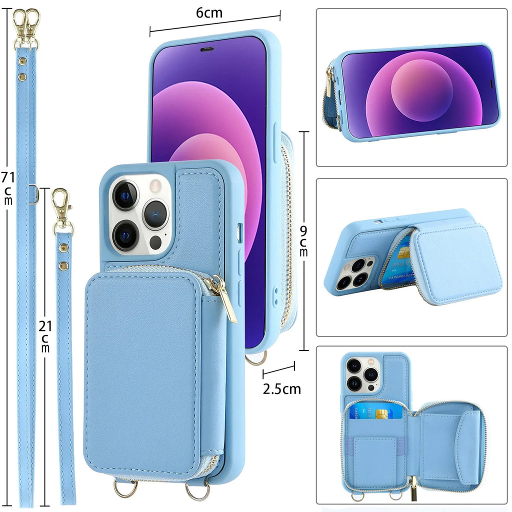 Black iPhone 14 Pro crossbody wallet phone case with zippered card holder and imitation leather finish