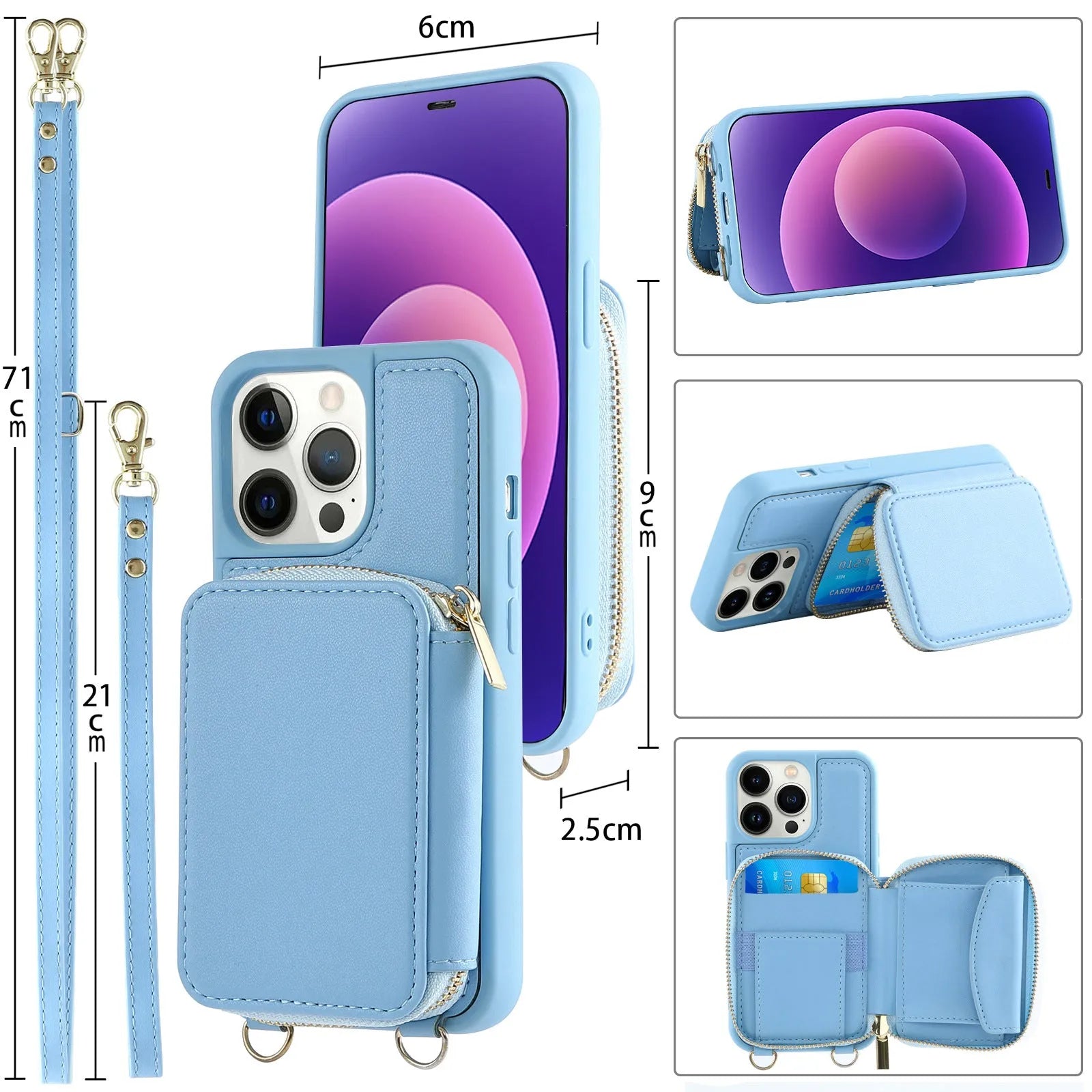 Black iPhone 14 Pro crossbody wallet phone case with zippered card holder and imitation leather finish