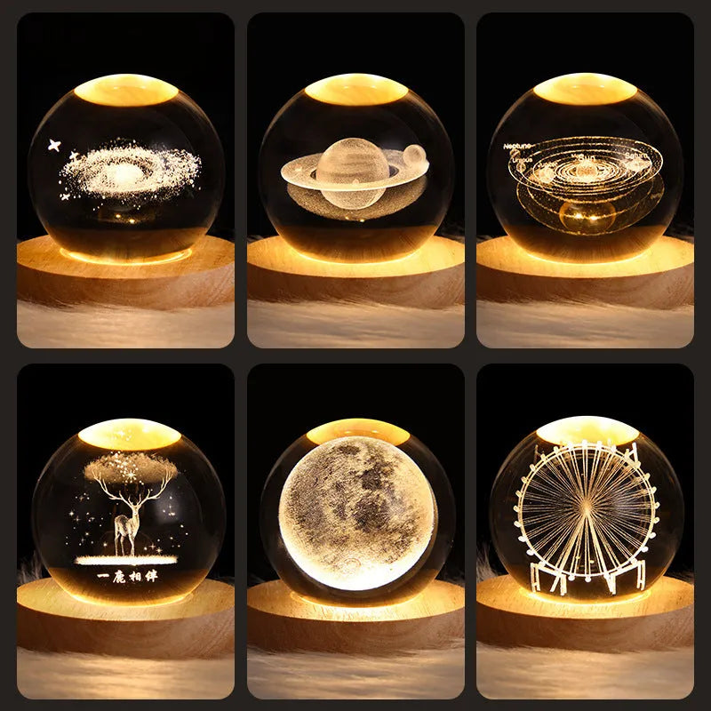 6cm galaxy crystal ball LED night light showing 3D planet patterns with USB power cable