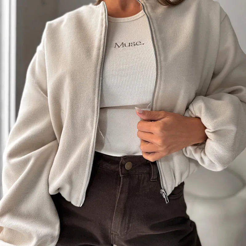 Women's off-shoulder coat with lantern sleeves in loose fit, available in brown or milky white colour