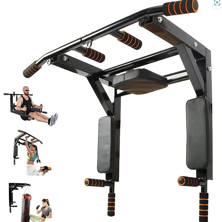 Black wall-mounted steel fitness equipment with parallel bars and sandbag rack attachments for home gym training