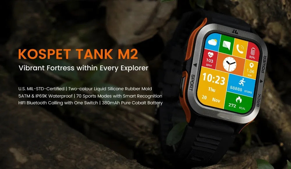 Waterproof smart watch with 1.85 inch IPS screen, Bluetooth calling, 22 mm strap, Black Orange Red options
