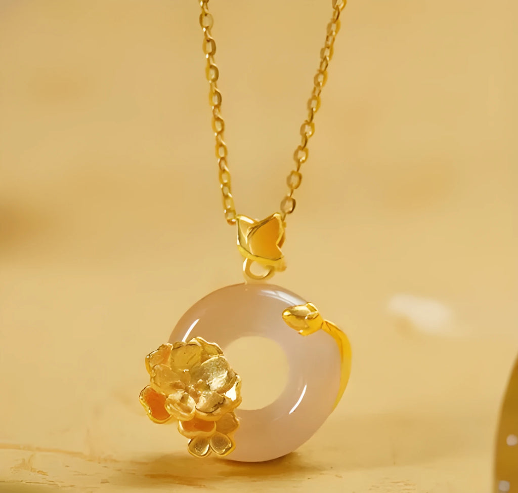 925 silver peach blossom pendant necklace with white chalcedony peace buckle and electroplated finish on regular chain