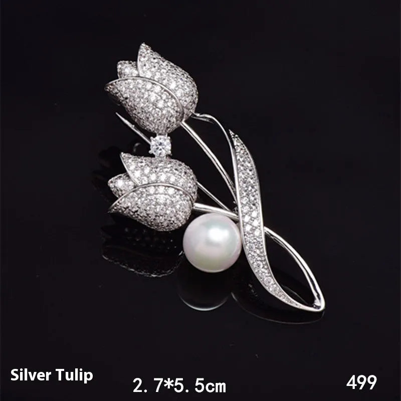 Alloy flower brooch with micro-inlaid zircon stones in 181 silver tulip colour