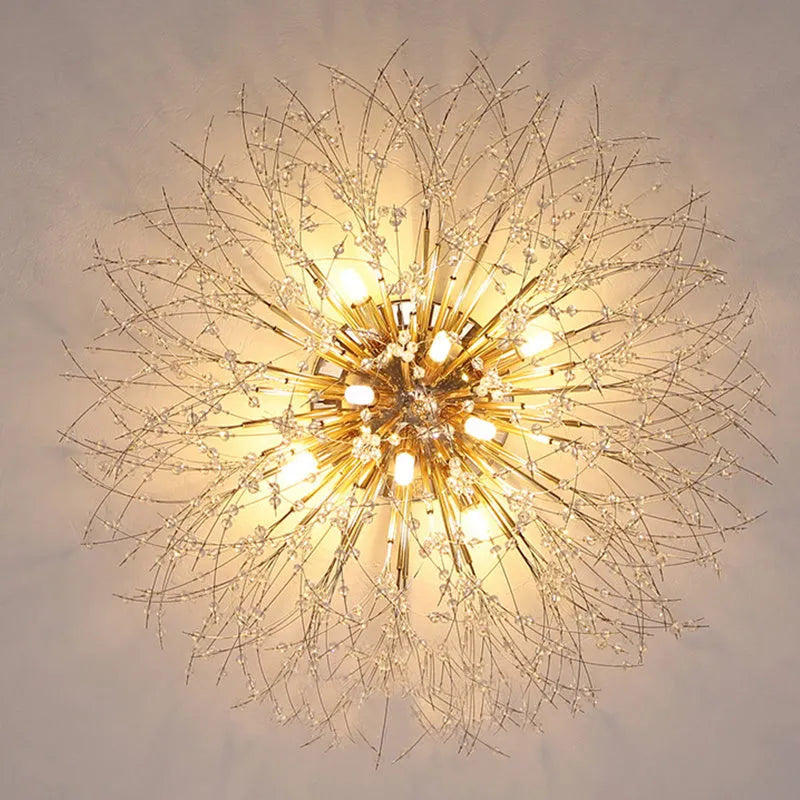Round dandelion crystal ceiling lamp with four chrome heads and a 40cm diameter