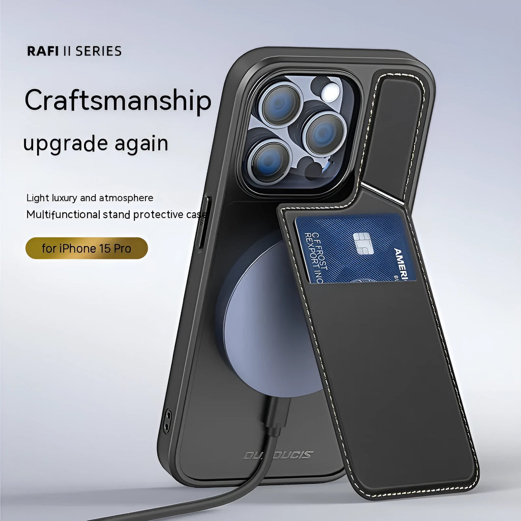 Black multi-functional iPhone 15 phone case with bracket, magnetic suction and anti-fall protection, TPU PU stainless steel magnet