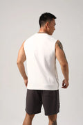 Men's loose black cotton fitness vest showing hidden hook side opening detail.