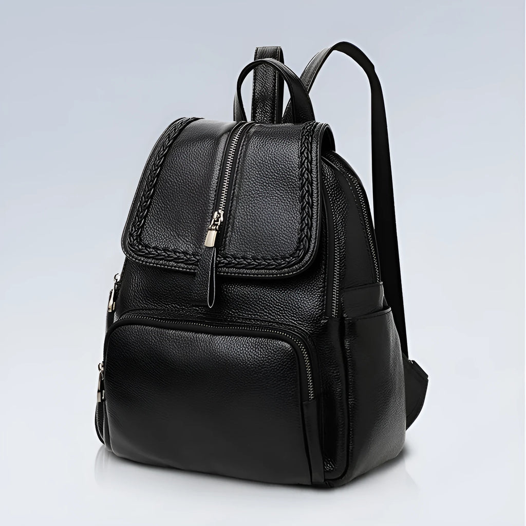 Solid colour genuine leather women's backpack with front sandwich pocket in blue.