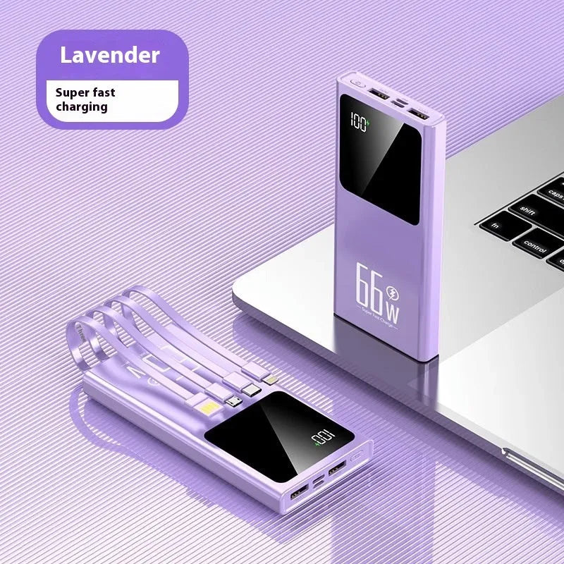 Ultra-thin portable power bank in plastic shell with fast charging, available in black, white, purple, blue, 10000-50000mAh
