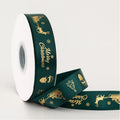 2.5cm Christmas polyester ribbon roll 22m in Ink Green or Red with Elk, bell, Santa, Sled, or Snowman design