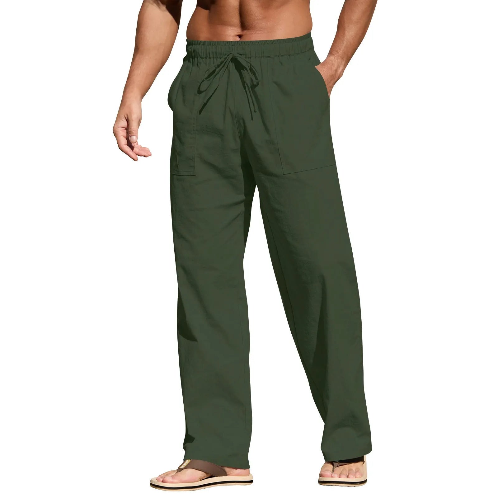 Men's straight leg cotton trousers with a drawstring elastic waistband in a light apricot colour.