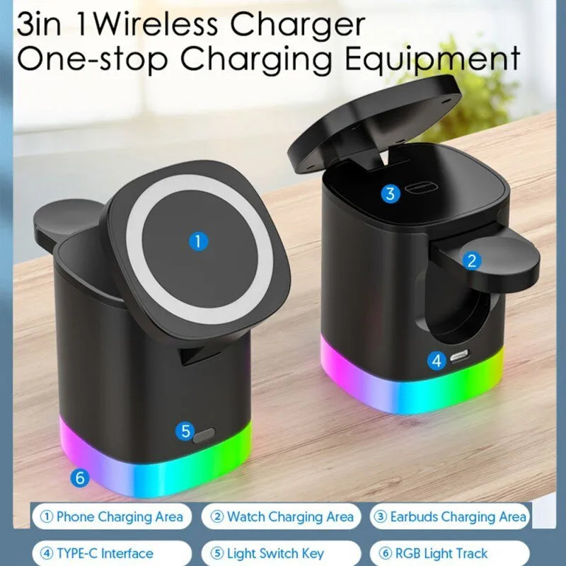 Black foldable 3 in 1 magnetic wireless charging station for phones, iWatch and AirPods with RGB indicator lights