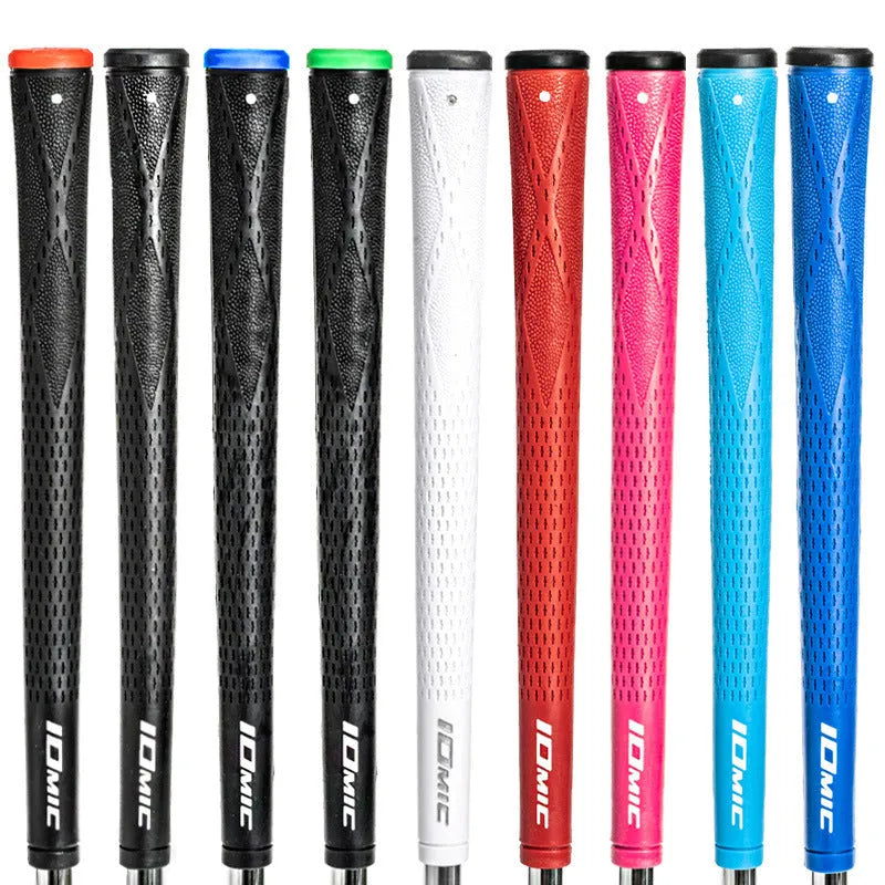 TPE golf club grip in assorted colours including pink, red, blue, white, and two-tone black combinations.
