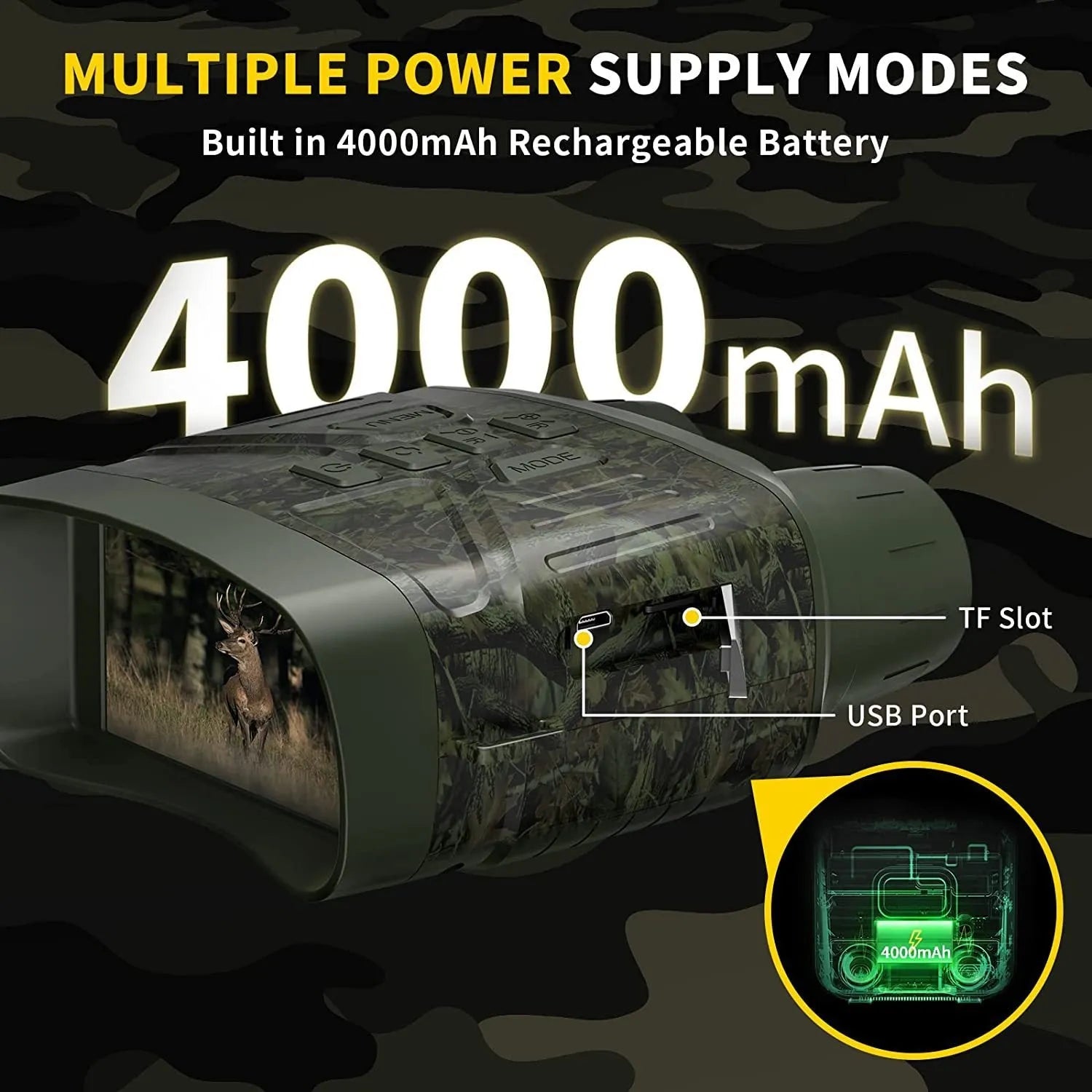 Black night vision instrument with 4K 36MP resolution and 3-inch display showing night vision footage