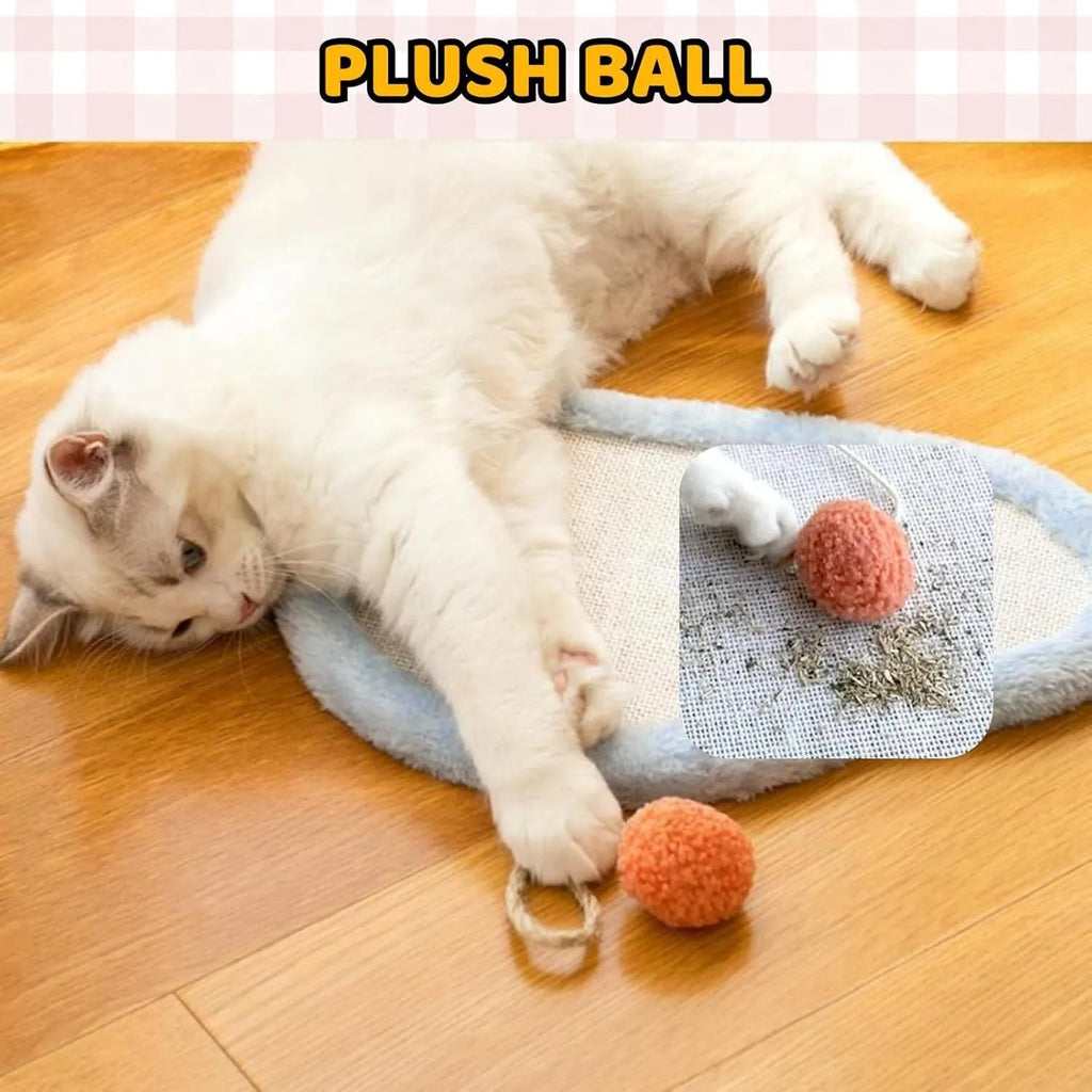 White cat scratching mat with cartoon sleeping cat pattern measuring 410mm by 210mm